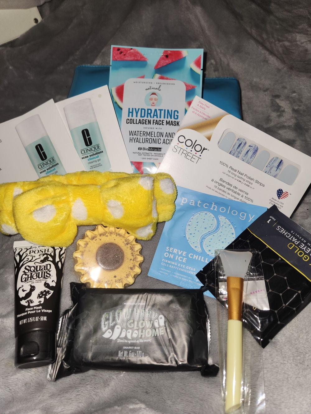 Assorted Skincare & Beauty Bundle with Yellow Polka Dot Headband & Cosmetic Bag